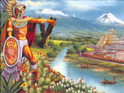 Templo y Popocatépetl